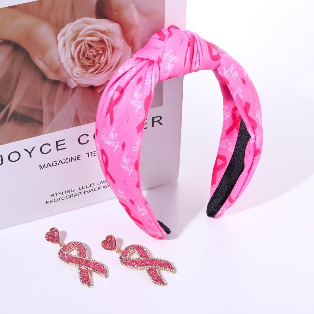 Pink Ribbon Headband and Earrings Set Women Breast Cancer Awareness Gifts - Picture 2 of 4